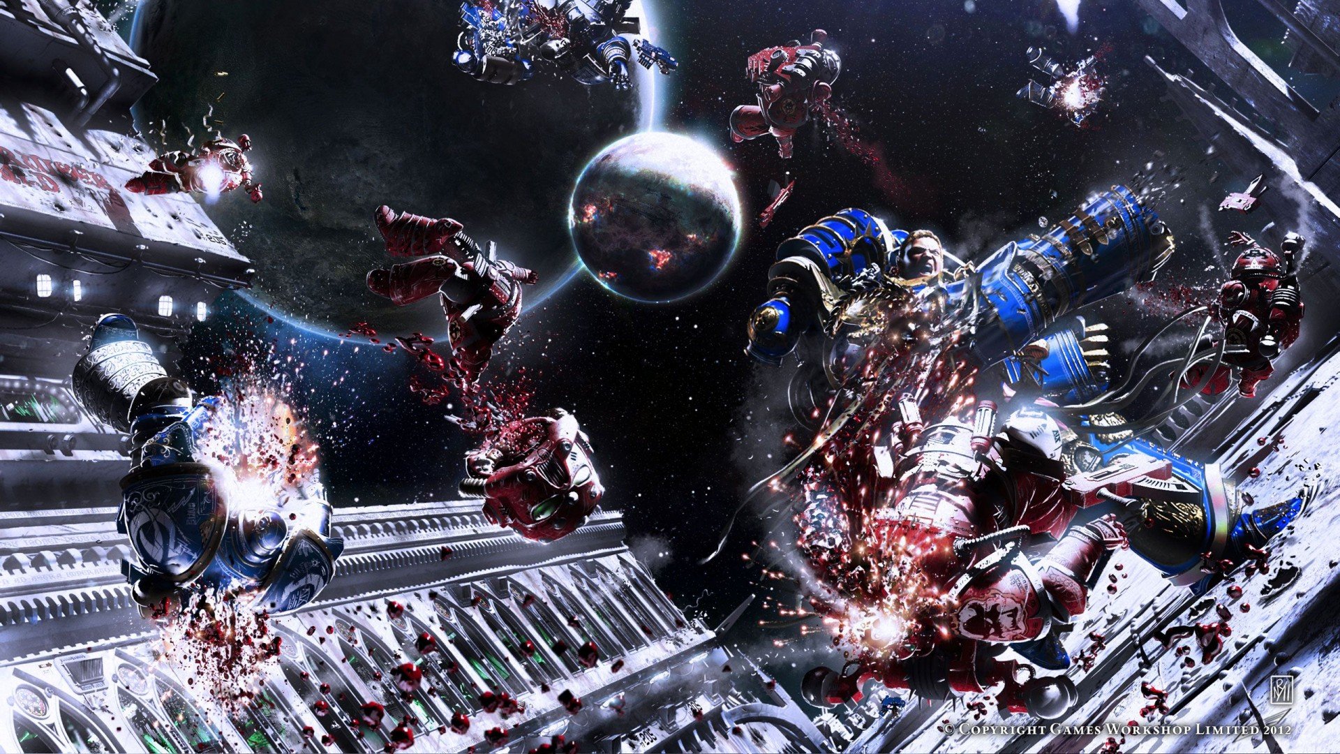A high-definition desktop wallpaper featuring intense action in a Warhammer video game, showcasing armored warriors engaging in battle amidst a cosmic backdrop.