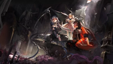 A dramatic HD desktop wallpaper featuring Komachi Onozuka from Touhou, surrounded by captivating characters in a dark, enchanting setting adorned with roses and gothic elements.