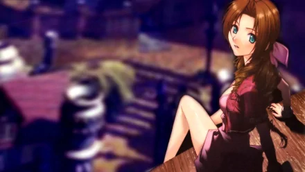 HD PC desktop wallpaper of Aerith Gainsborough from the video game Final Fantasy VII: she sits on a wooden ledge in a pink dress with braided hair against a blurred cityscape background.