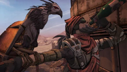 HD PC desktop wallpaper from video game Borderlands 2: a robed bandit drinks from a bottle on a canyon ledge while a vulture-like companion perches beside him.