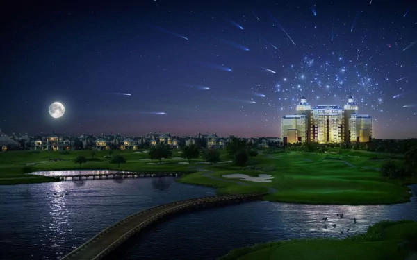 A serene view of a bridge across a lake, surrounded by a lush golf course and a town. The scene features an artistic building illuminated under a starlit sky.