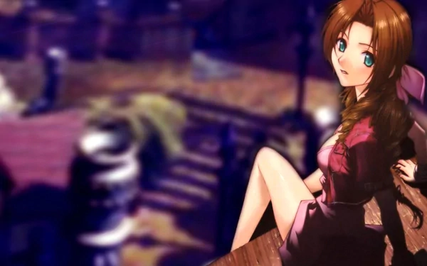 HD PC desktop wallpaper of Aerith Gainsborough from the video game Final Fantasy VII: she sits on a wooden ledge in a pink dress with braided hair against a blurred cityscape background.