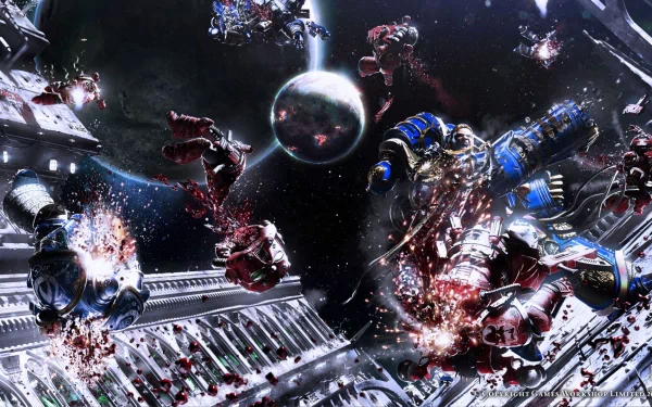 A high-definition desktop wallpaper featuring intense action in a Warhammer video game, showcasing armored warriors engaging in battle amidst a cosmic backdrop.