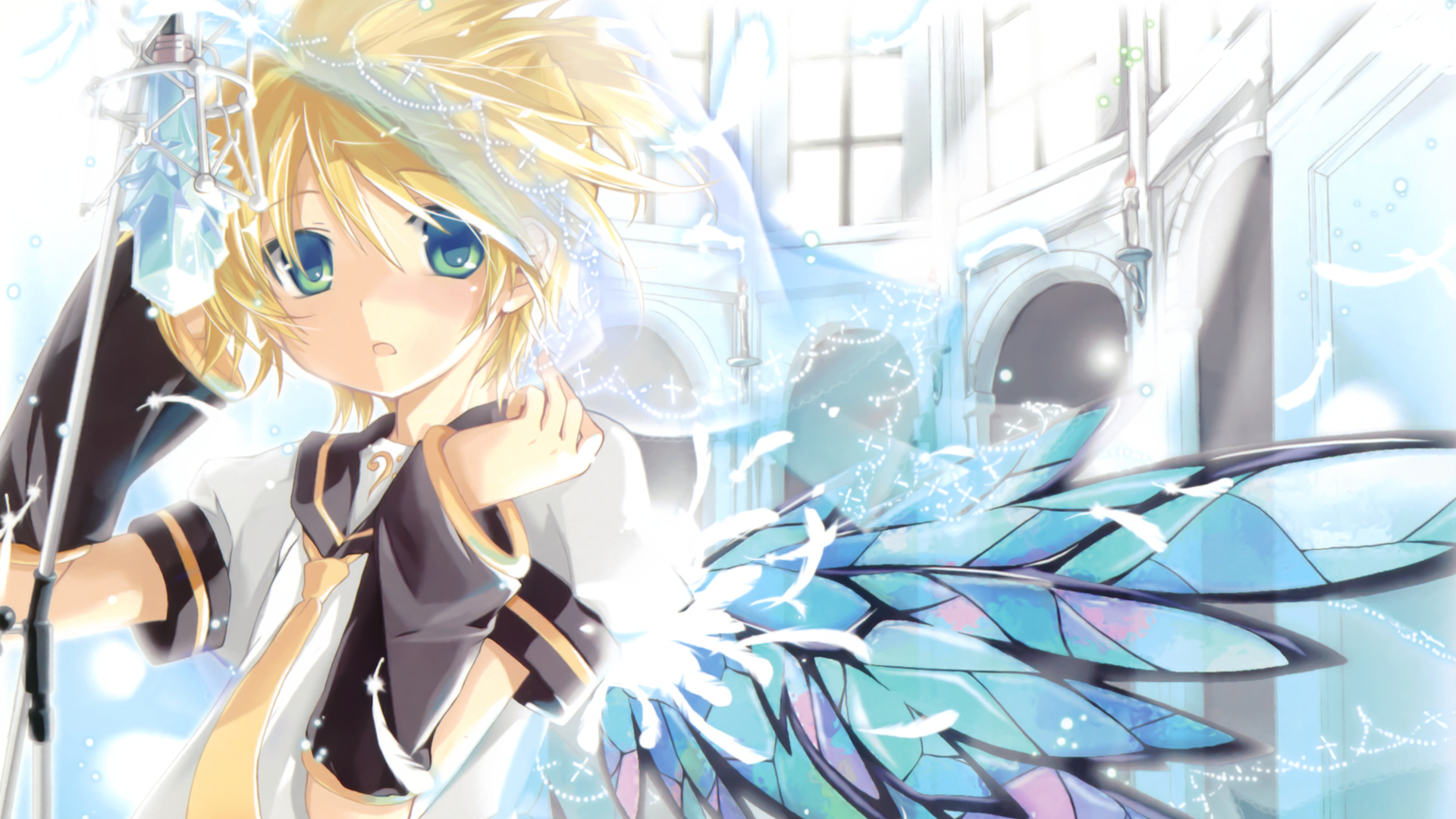 A vibrant HD wallpaper featuring Len Kagamine and Rin Kagamine from Vocaloid, set against a magical backdrop with ethereal wings and sparkling details.