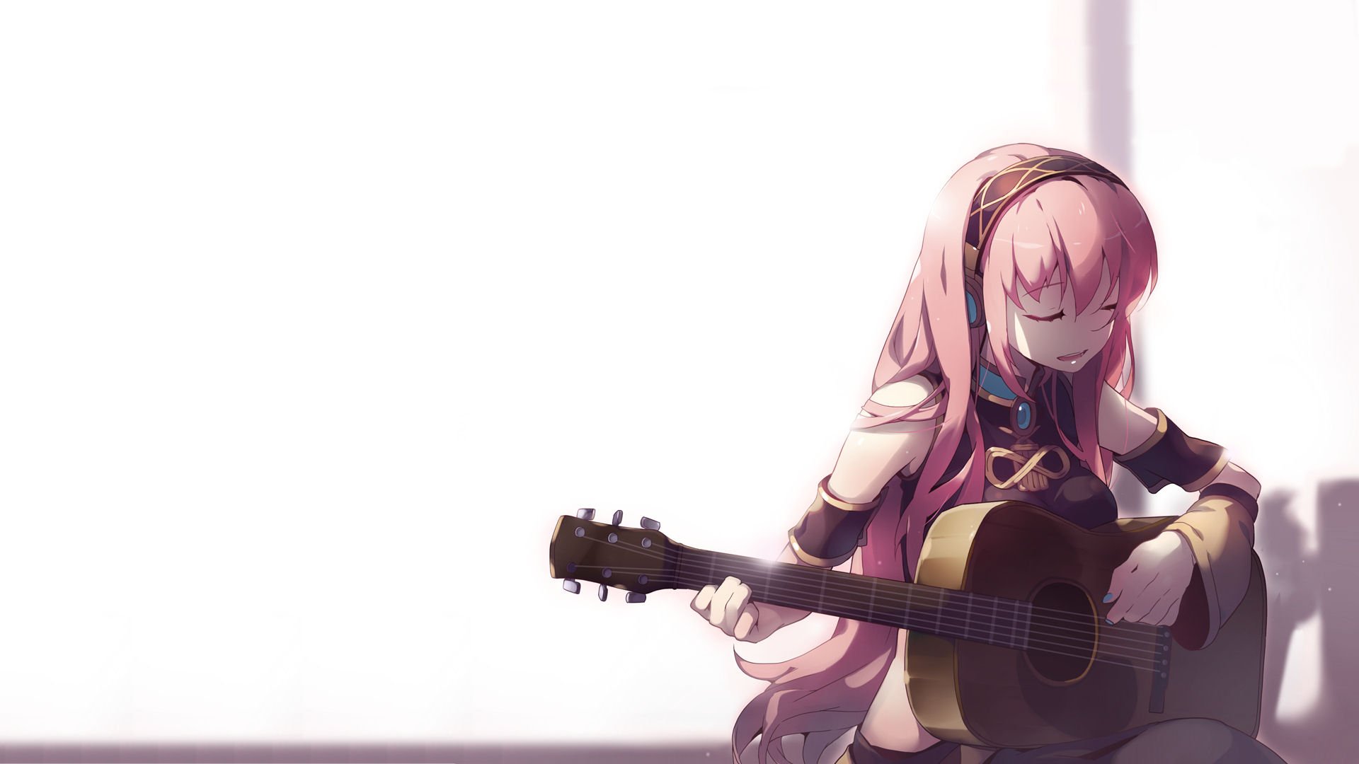 A vibrant HD wallpaper featuring Luka Megurine from Vocaloid, depicted serenely playing an acoustic guitar, set against a soft, minimalistic background.