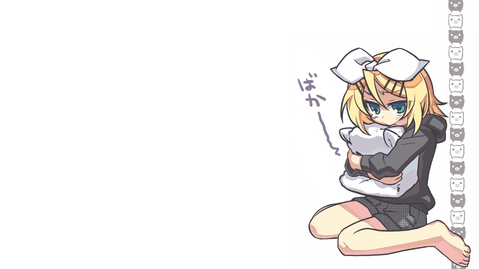 Rin Kagamine (Vocaloid) anime HD desktop wallpaper: Rin sits at the right edge hugging a pillow, pouting with a bow in her hair on a mostly white background.