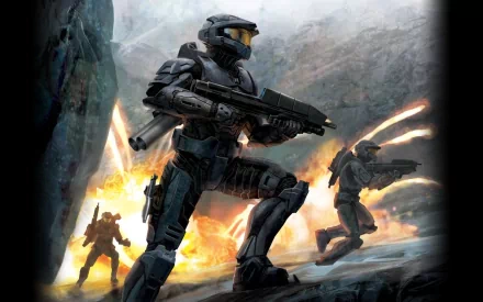 HD desktop wallpaper featuring Halo video game characters in action, with explosions and armed soldiers in a rugged, battle-scarred environment.