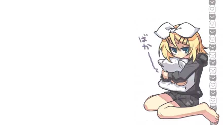 Rin Kagamine (Vocaloid) anime HD desktop wallpaper: Rin sits at the right edge hugging a pillow, pouting with a bow in her hair on a mostly white background.