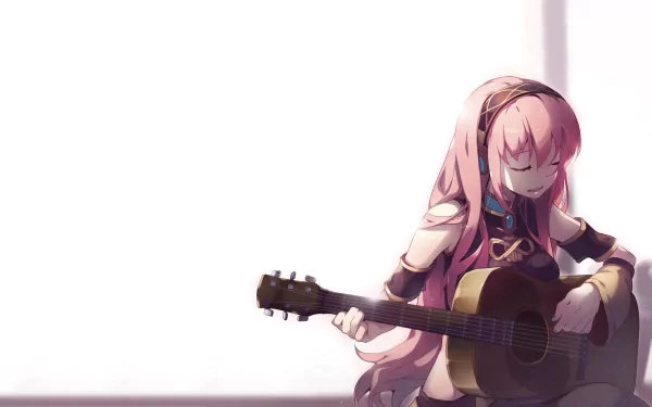 A vibrant HD wallpaper featuring Luka Megurine from Vocaloid, depicted serenely playing an acoustic guitar, set against a soft, minimalistic background.