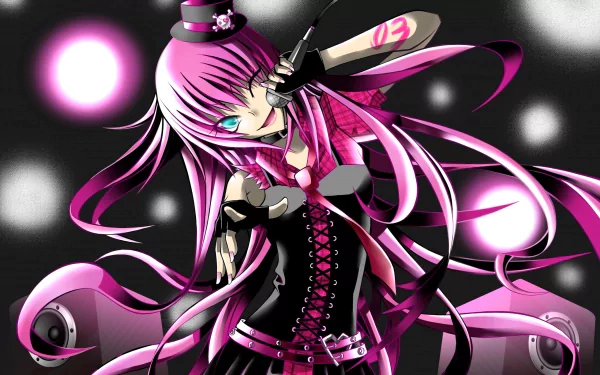 A vibrant HD wallpaper featuring Luka Megurine from Vocaloid, showcasing her in a stylish outfit with pink hair and an energetic pose, set against a dynamic black and pink background.