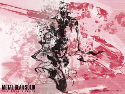 HD PC desktop wallpaper for the video game Metal Gear Solid: The Twin Snakes — red-pink ink-brush illustration of a cyborg soldier and swirling abstract figures.