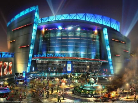 HD PC desktop wallpaper featuring Fortune City Arena from the video game Dead Rising, showcasing a vibrant, illuminated urban scene at night.