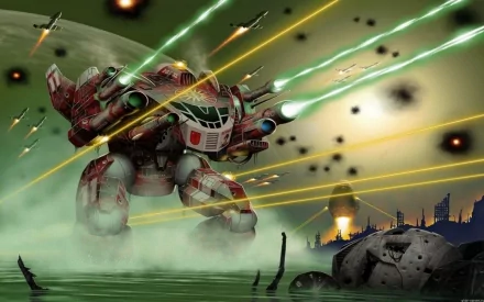 HD PC desktop wallpaper featuring a battlemech firing multiple energy weapons in a dynamic video game scene with explosions and a futuristic battlefield background.