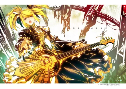HD PC desktop wallpaper featuring Rin Kagamine from Vocaloid in a dynamic pose with a stylized guitar, inspired by the song Meltdown, in vibrant anime art style.