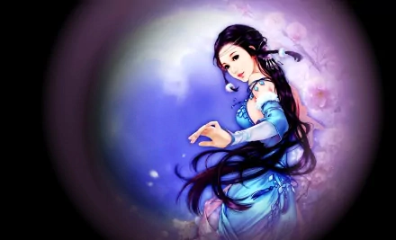 A captivating oriental fantasy scene featuring a blue-clad figure among delicate flowers, set against a dreamy blue background. An enchanting HD wallpaper for your desktop.