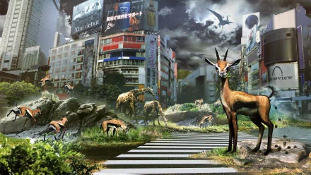 4K Ultra HD Tokyo Jungle video game wallpaper showing wild animals roaming a post-apocalyptic urban landscape with overgrown vegetation and ruined buildings.
