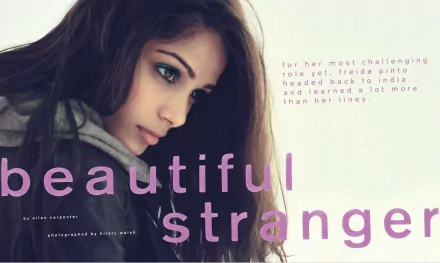 A striking HD desktop wallpaper featuring Freida Pinto, showcasing her contemplative expression alongside the text beautiful stranger, highlighting her journey in a challenging role.