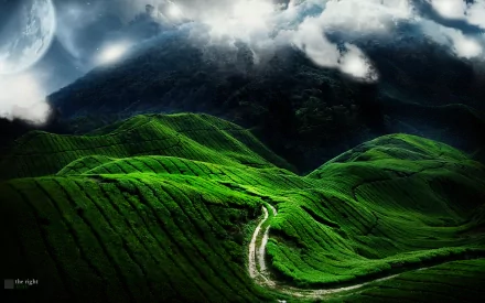 HD desktop wallpaper of a man-made road winding through lush green hills under a moonlit sky with clouds and a distant mountain in the background.