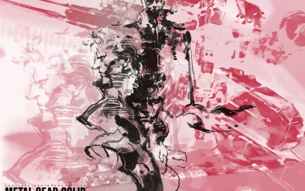 HD PC desktop wallpaper for the video game Metal Gear Solid: The Twin Snakes — red-pink ink-brush illustration of a cyborg soldier and swirling abstract figures.