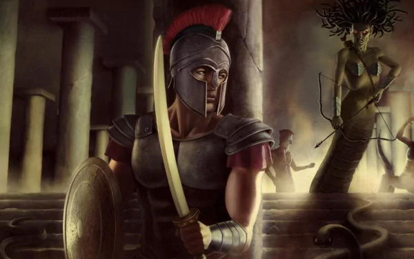 HD fantasy desktop wallpaper depicting a Greek warrior facing Medusa in an ancient temple filled with stone statues.