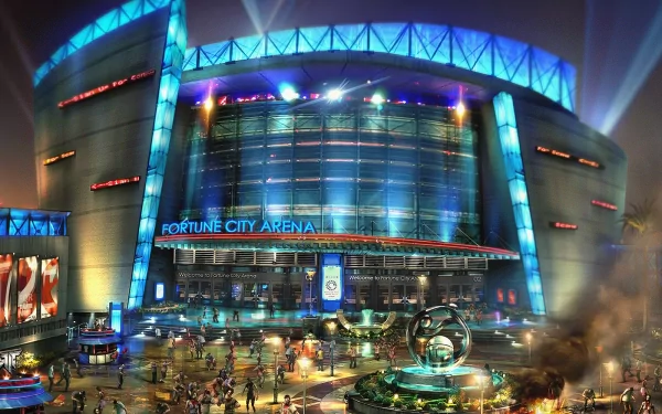 HD PC desktop wallpaper featuring Fortune City Arena from the video game Dead Rising, showcasing a vibrant, illuminated urban scene at night.