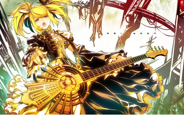 HD PC desktop wallpaper featuring Rin Kagamine from Vocaloid in a dynamic pose with a stylized guitar, inspired by the song Meltdown, in vibrant anime art style.