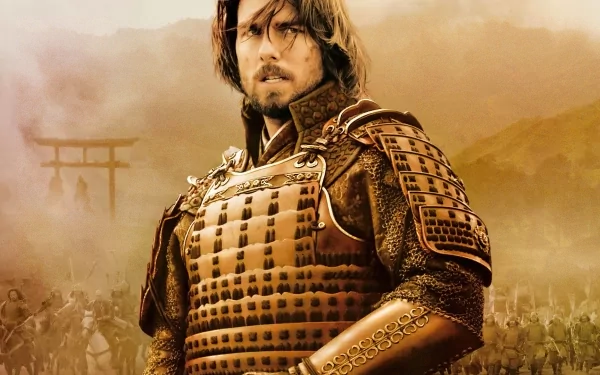 A dramatic scene from the movie The Last Samurai, featuring a character in traditional armor against a rich, golden background. This HD wallpaper captures the film's intense atmosphere.