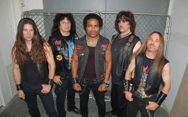 Five members of a heavy metal band pose against a chain-link fence, embodying the spirit of iconic groups like Exodus, Megadeth, and Metallica. A striking HD desktop wallpaper for music fans.
