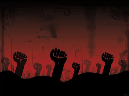 A striking HD desktop wallpaper featuring raised fists against a gradient red background, symbolizing resistance and revolution. An impactful choice for a background setting.