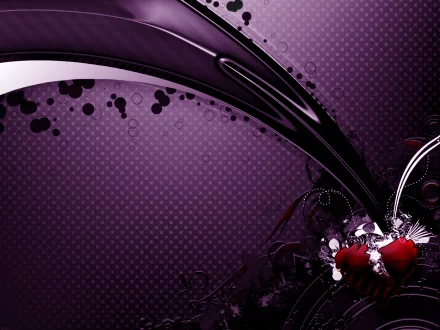 HD artistic wallpaper with a love theme. Features a dark purple background with abstract patterns and two red hearts intertwined with floral designs on the bottom right corner.