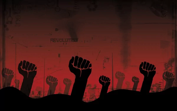 A striking HD desktop wallpaper featuring raised fists against a gradient red background, symbolizing resistance and revolution. An impactful choice for a background setting.