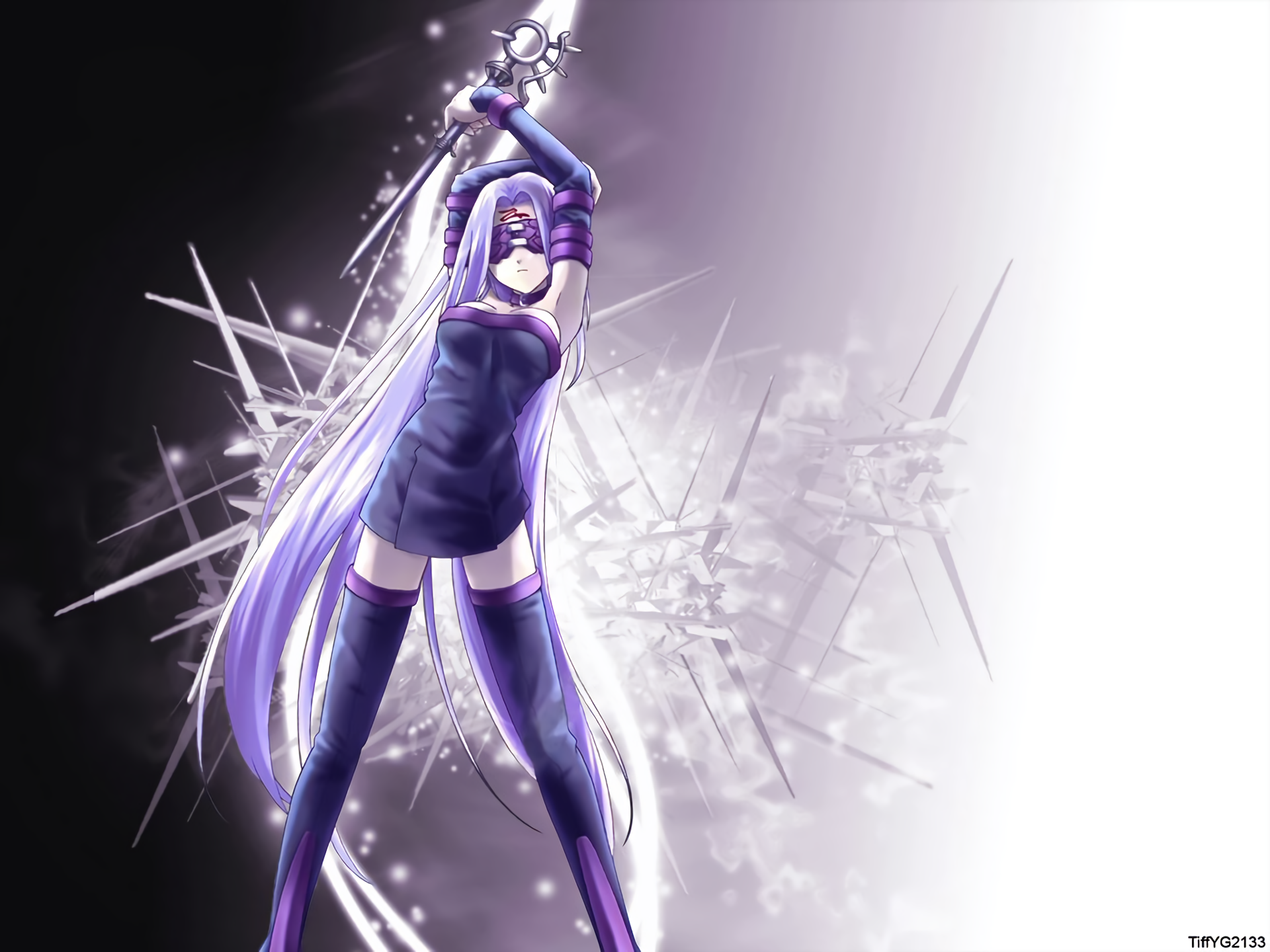 Blindfolded Rider from Fate/stay night in black dress and boots. Purple hair with a weapon.