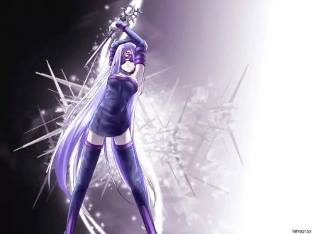 Anime character Rider from Fate/Stay Night, with purple hair and long boots, wearing a black dress and a blindfold, holding a weapon. The HD wallpaper features an energetic background and dynamic pose.