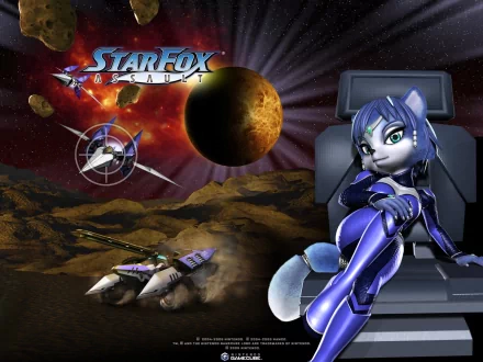A vibrant Star Fox-themed HD desktop wallpaper featuring a dynamic space scene and a character in a sleek outfit, set against an otherworldly background.