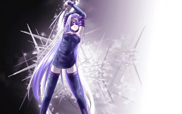 Anime character Rider from Fate/Stay Night, with purple hair and long boots, wearing a black dress and a blindfold, holding a weapon. The HD wallpaper features an energetic background and dynamic pose.