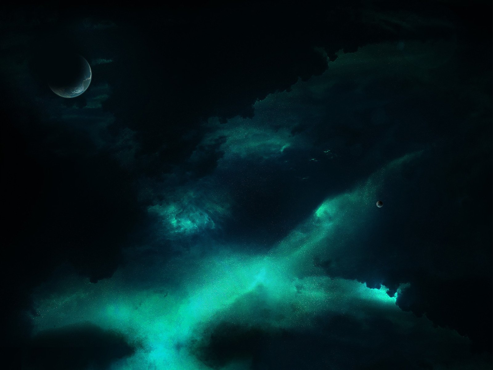 A stunning sci-fi space scene featuring ethereal green hues and dramatic clouds, illuminated by a distant moon. This HD wallpaper captures the vastness and mystery of the cosmos.