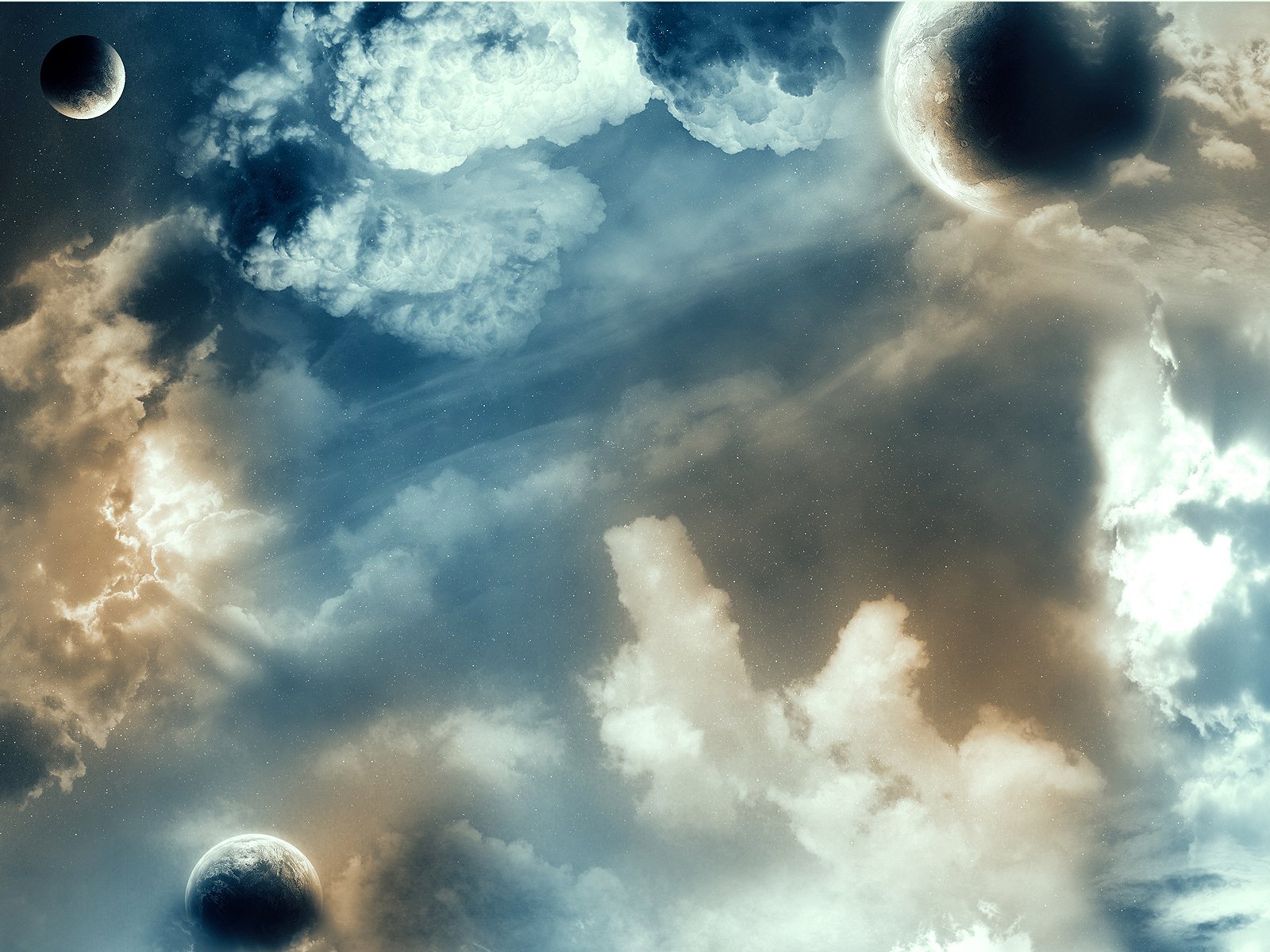 HD desktop wallpaper featuring a sci-fi scene with multiple planets dispersed among clouds in a surreal and atmospheric sky.
