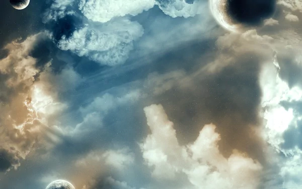 HD desktop wallpaper featuring a sci-fi scene with multiple planets dispersed among clouds in a surreal and atmospheric sky.