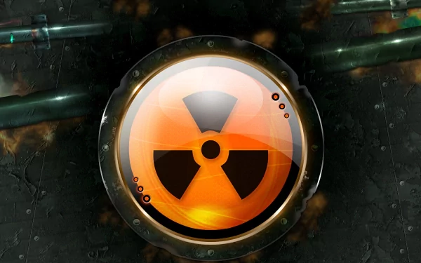 HD desktop wallpaper featuring a Sci-Fi themed radiation symbol with a tri-foil, representing radioactivity, enclosed in a metallic, futuristic design against a dark background.