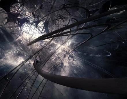 HD desktop wallpaper featuring a dark abstract design with swirling lines and intricate, luminous patterns. The composition creates a mysterious atmosphere.