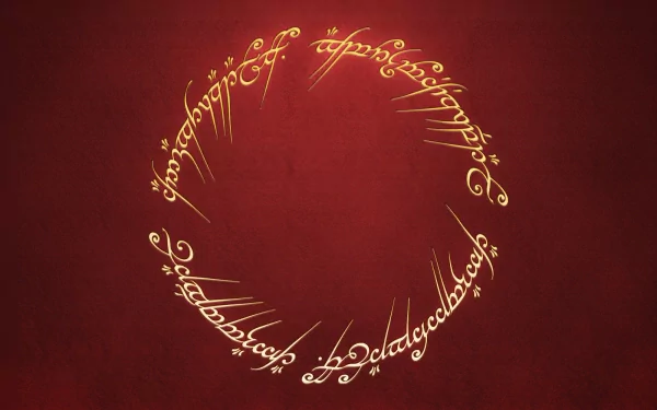 HD desktop wallpaper featuring the One Ring from The Lord of the Rings movie, with Elvish script forming a circle on a rich red background.