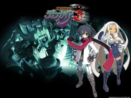 HD PC desktop wallpaper featuring characters from the video game Disgaea 3: Absence of Justice with a stylized dark cityscape background.