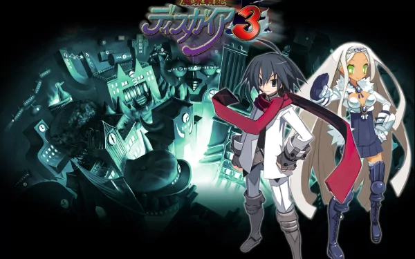 HD PC desktop wallpaper featuring characters from the video game Disgaea 3: Absence of Justice with a stylized dark cityscape background.