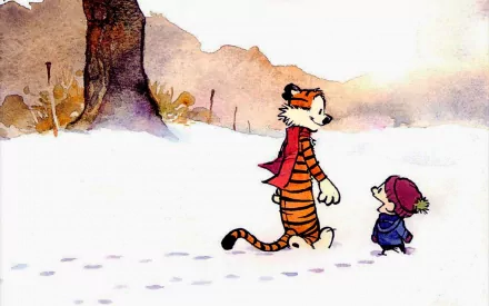 Calvin and Hobbes walk through a snowy landscape, with Hobbes wearing a red scarf and Calvin in a blue jacket, creating a whimsical and serene atmosphere in this HD comic wallpaper.