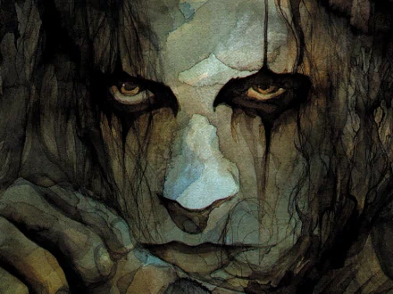 A haunting HD wallpaper featuring Brandon Lee as the iconic character from the movie The Crow, showcasing intense, dark artistry with striking facial details.