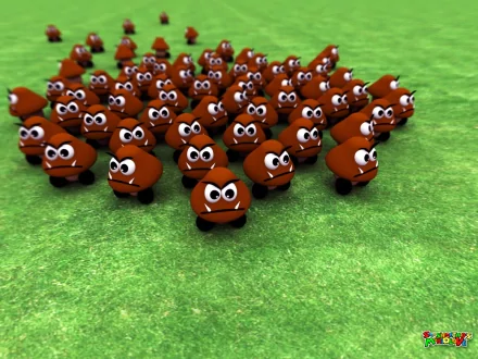 HD desktop wallpaper featuring a large group of Goombas from the Super Mario video game series on a green field background.