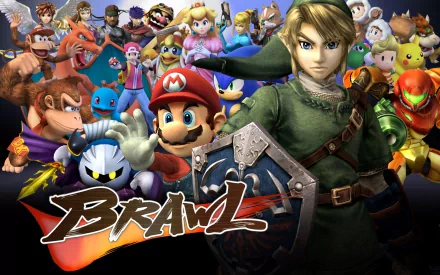 HD desktop wallpaper of Super Smash Bros. Brawl featuring iconic video game characters like Mario, Link, and others, in a vibrant, action-packed ensemble.