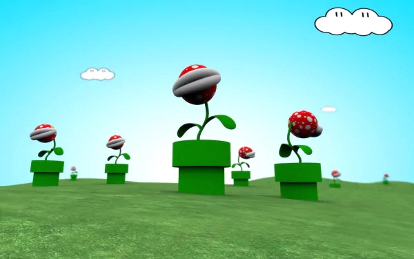 HD desktop wallpaper featuring Piranha Plants from the Super Mario video game series, set against a vibrant, grassy landscape with a bright blue sky and clouds.