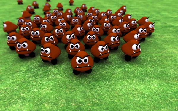 HD desktop wallpaper featuring a large group of Goombas from the Super Mario video game series on a green field background.