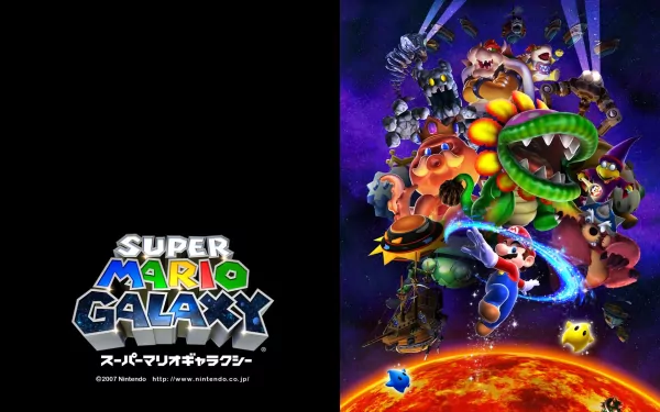 HD desktop wallpaper featuring characters from the video game Super Mario Galaxy, with the logo on the left side and a vibrant collage of characters against an outer space background on the right.